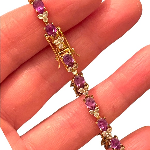Sterling silver 925 Gold plt DBJ Thai CZ Simulated Amethyst tennis bracelet - Picture 4 of 12
